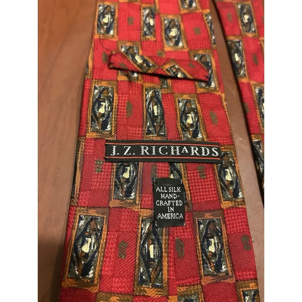 JZ Richards Men's Red Geometric Made In America 100% Silk Tie‎ Necktie
